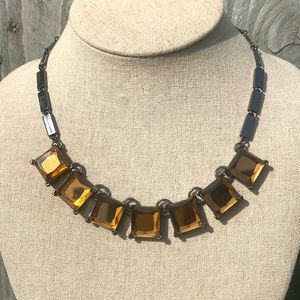 Square crystal rhinestone necklace with hematite tone chain